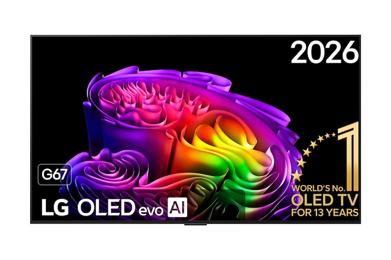 Vooraanzicht van 65 inch LG OLED evo AI G6 4K Smart TV 2026 OLED65G67LW